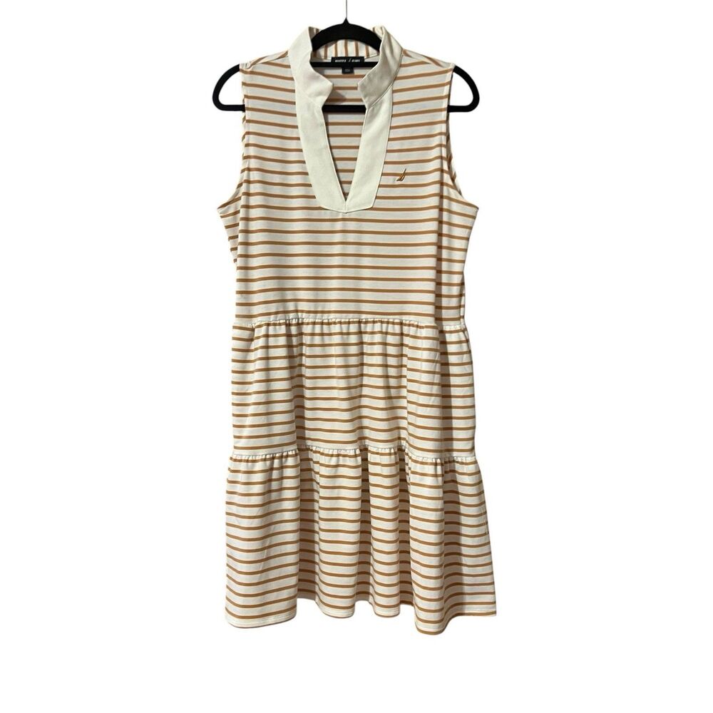 Nautica Jeans Womens Size Medium Tan White Stripe Sleeveless Tiered Dress